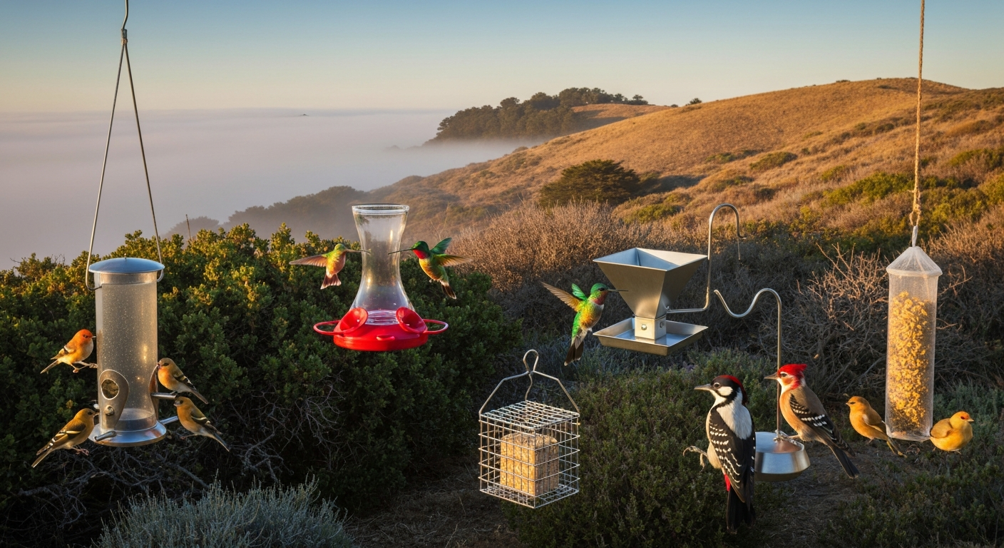 Northern California backyard at golden hour with multiple feeder types—tube, hummingbird glass feeder, hopper, suet cage, and nyjer sock—visited by Anna's hummingbird, goldfinches, finches, Steller's jay, and a woodpecker; foggy coast and sunlit hills visible in background.