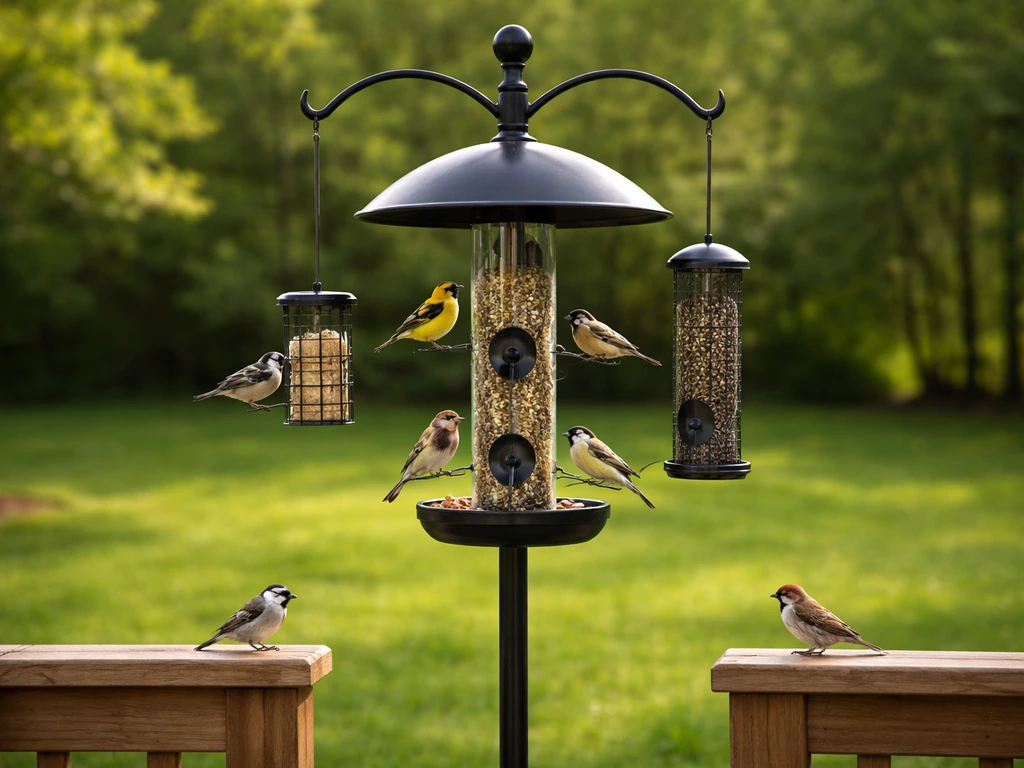 Multi-arm backyard bird feeder with squirrel-proof baffle and small birds feeding safely outdoors.