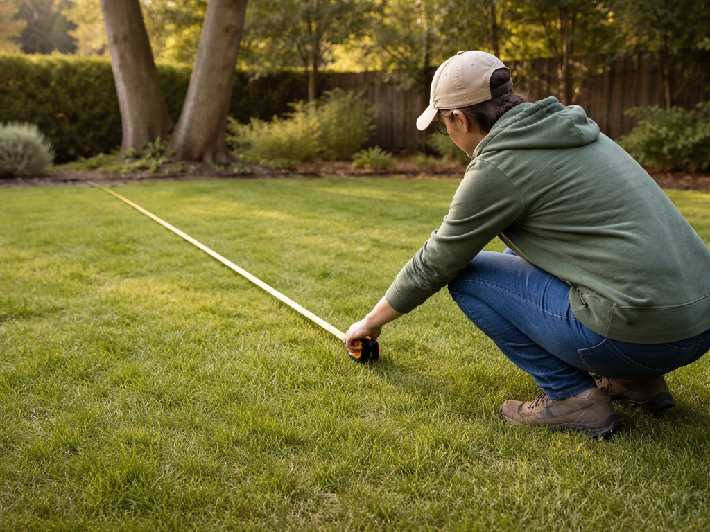 Homeowner measuring a backyard for safe bird feeder placement near trees and shrubs.