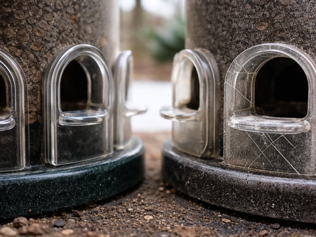 Close-up of feeder ports showing thick UV-stabilized acrylic/polycarbonate beside thin plastic cracking in cold-weather