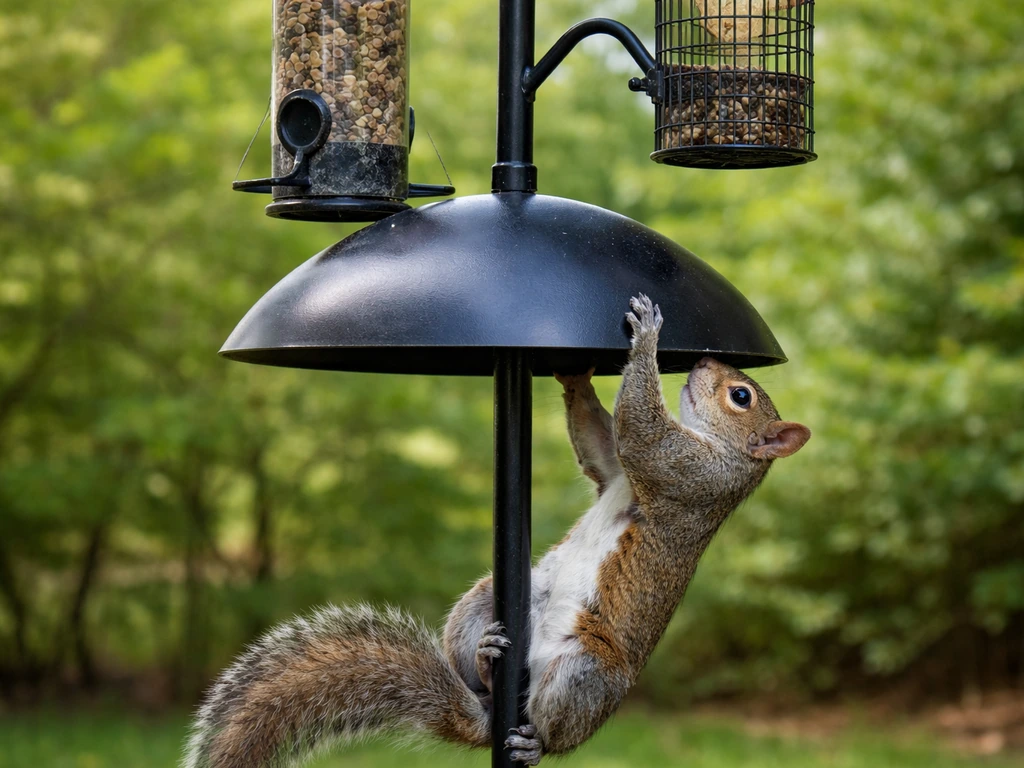 A squirrel tries to reach a bird feeder, blocked by a clearly visible torpedo/dome baffle below.