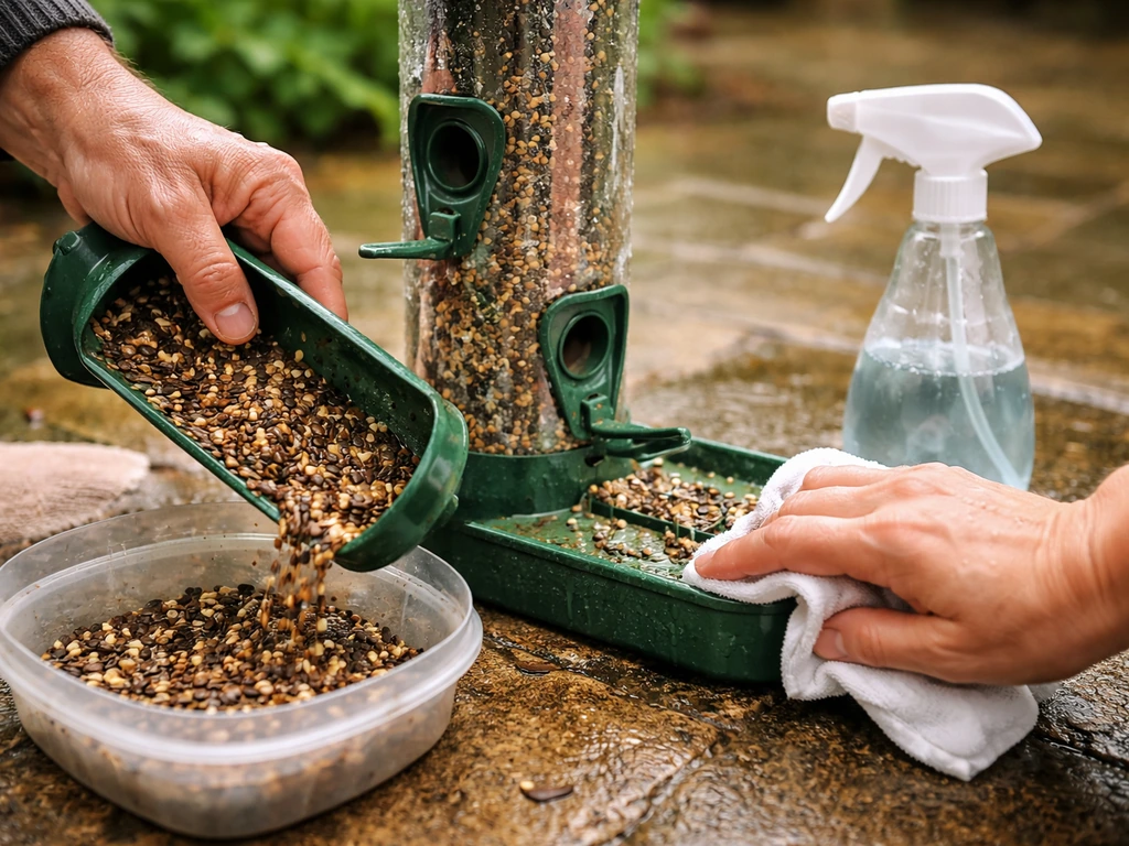 Hands wiping and disinfecting an outdoor bird feeder tray before refilling with seed or suet.