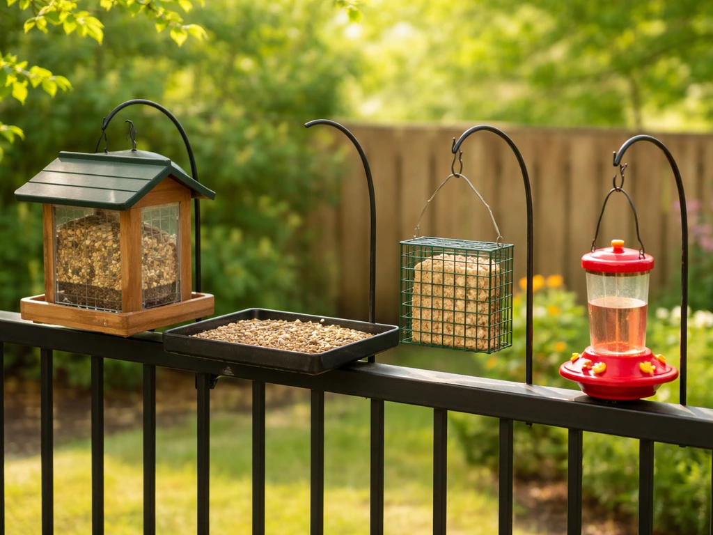 Close-up of different bird feeders on a backyard rail with seeds, suet and nectar feeder types.