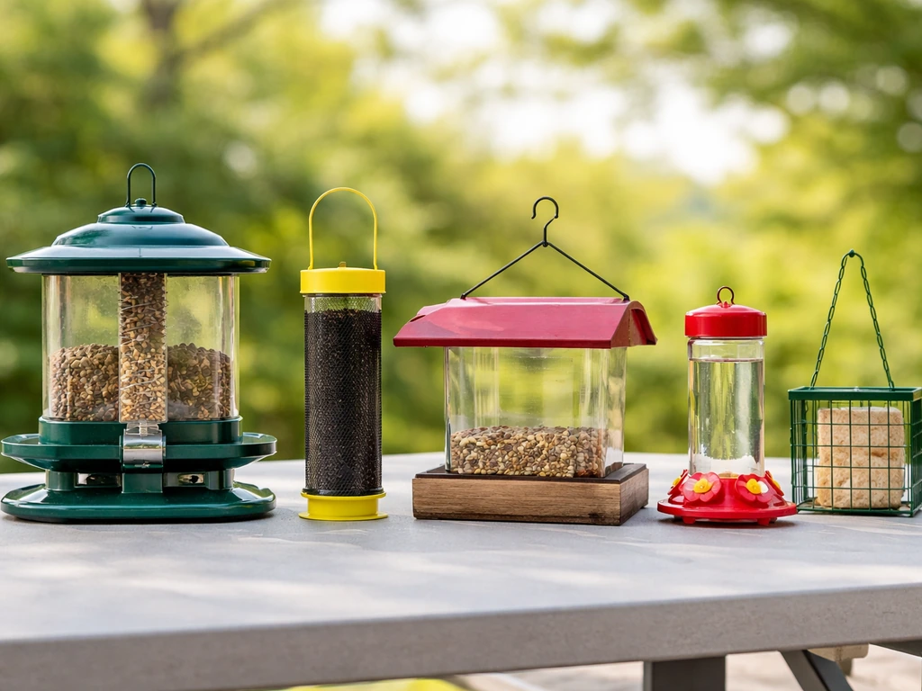 Five bird feeders side-by-side outdoors: squirrel-proof hopper, nyjer, platform/cardinal, hummingbird nectar, suet.