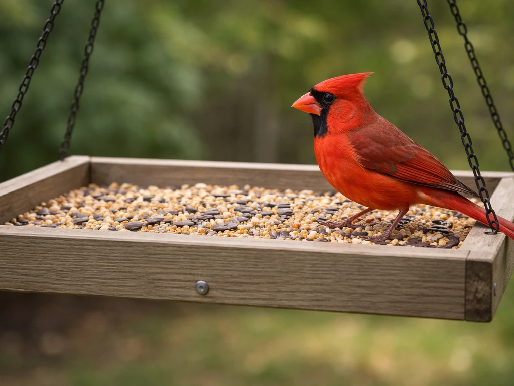 A red cardinal eating seed from a wide platform-style feeder with seeds visible