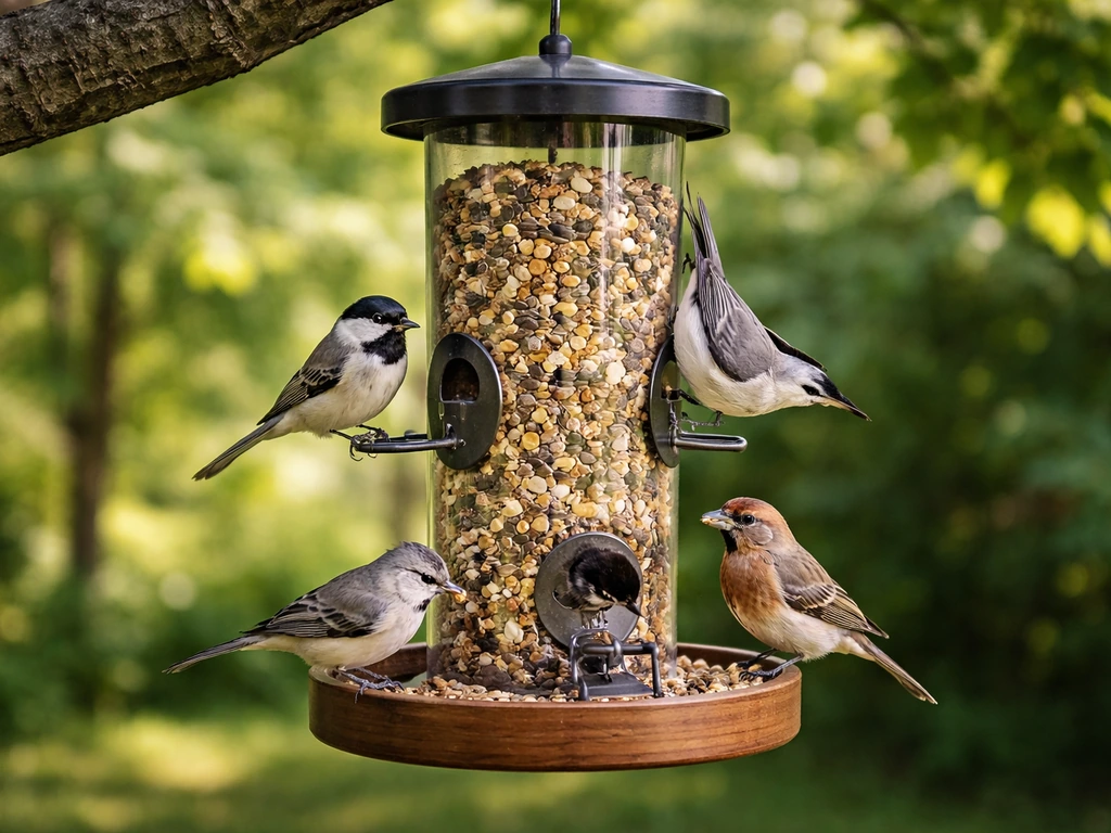 Several small songbirds feeding at a simple backyard feeder with visible seed in the tray.