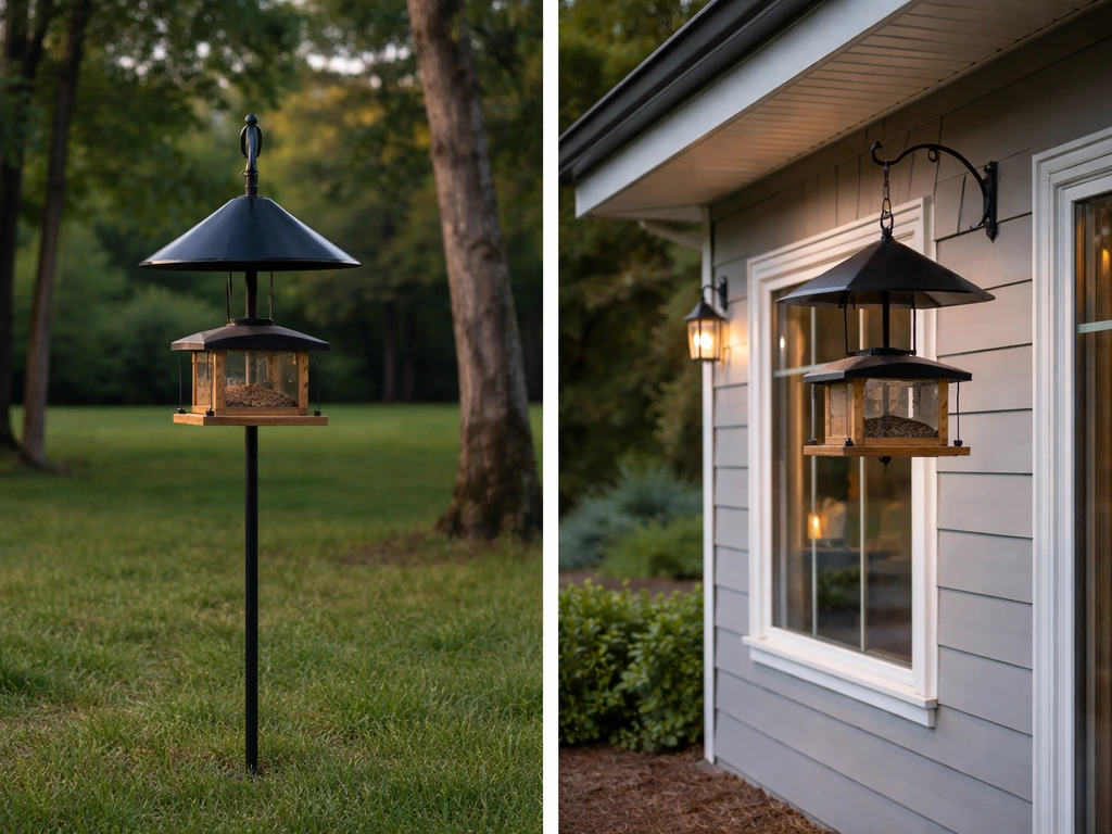 Bird feeder pole with baffle placed away from trees and a second window-safe mounting shown beside a house