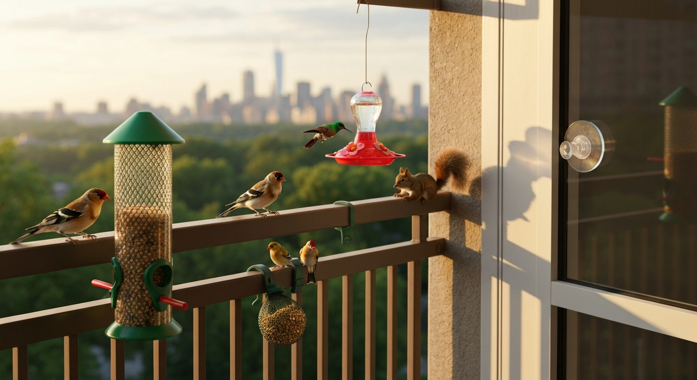 NYC balcony with multiple compact bird feeders (nyjer tube, nyjer sock, window feeder, hummingbird saucer), goldfinches feeding, hummingbird at nectar, and a squirrel blocked by a closed shroud; Manhattan skyline blurred in background.