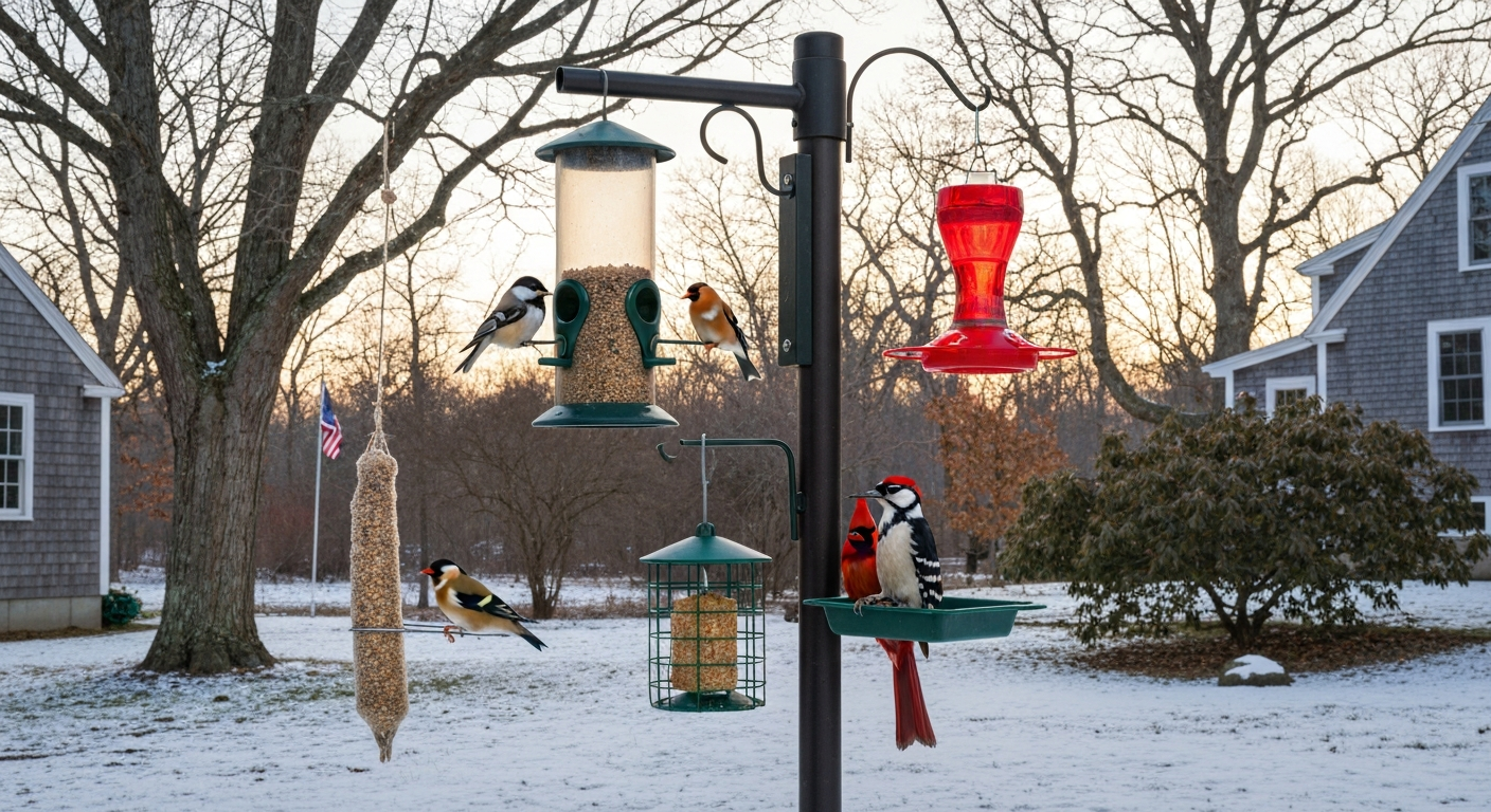 Massachusetts backyard feeding station in light snow: squirrel-proof tube on pole with baffle, nyjer sock, suet cage and hummingbird feeder, with chickadee, goldfinch, cardinal, and downy woodpecker visible.