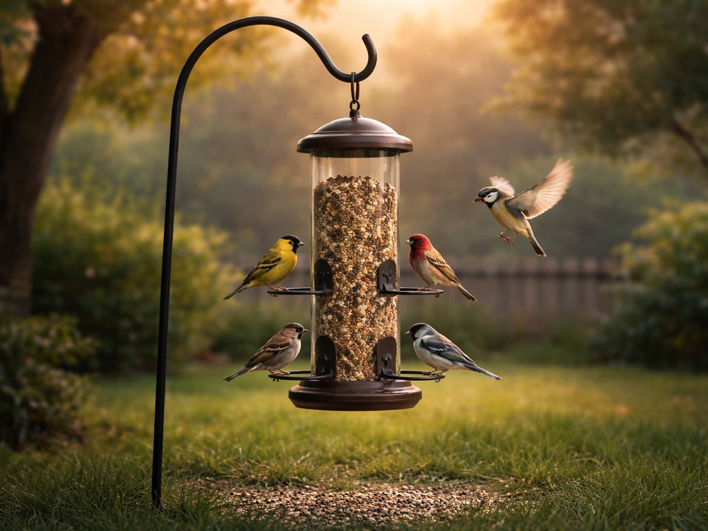 Single bird feeder in a backyard with multiple bird species feeding at once.