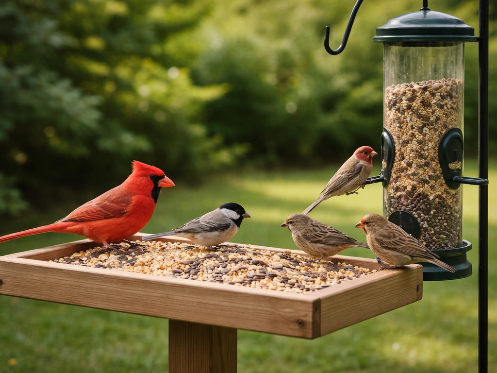 Common backyard birds perched and feeding at a simple seed feeder in a garden.