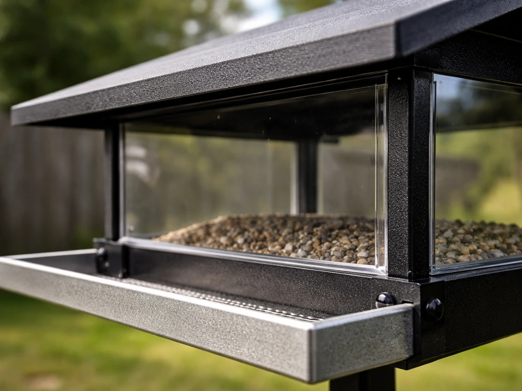 Close-up of a universal hopper feeder showing UV-stable panels, sturdy tray, and roof overhang.