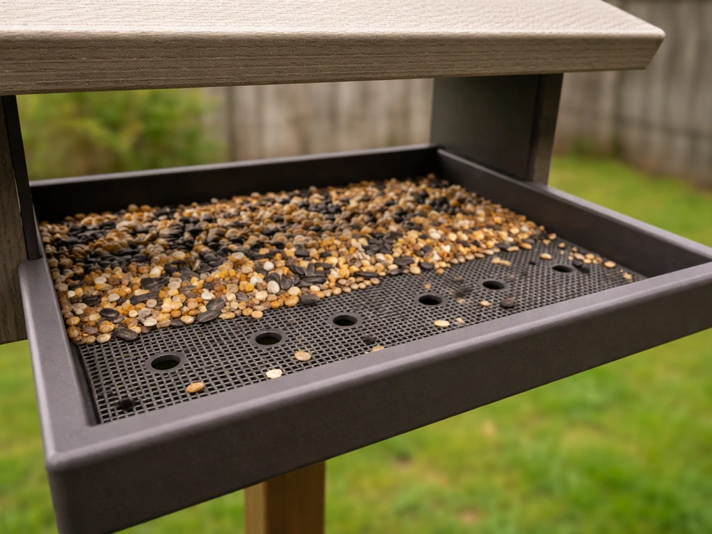 Close-up of a bird feeder tray showing drain holes and an overhanging roof to keep seed dry