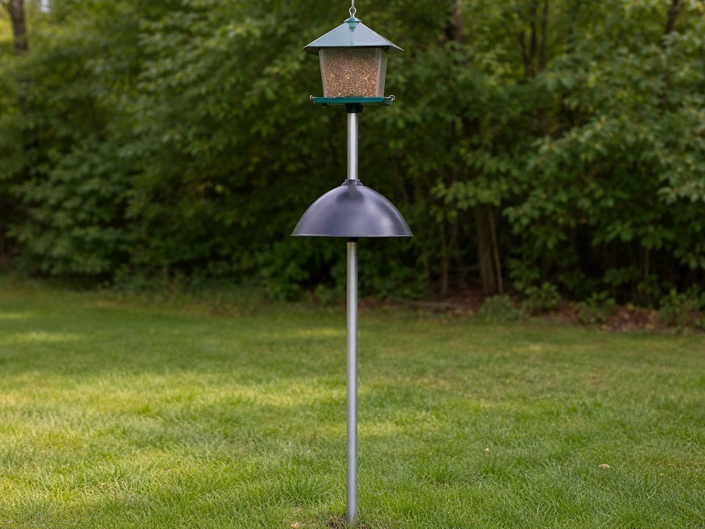Squirrel-proof bird feeder setup: metal pole, pole-mounted baffle, and feeder beyond the baffle.