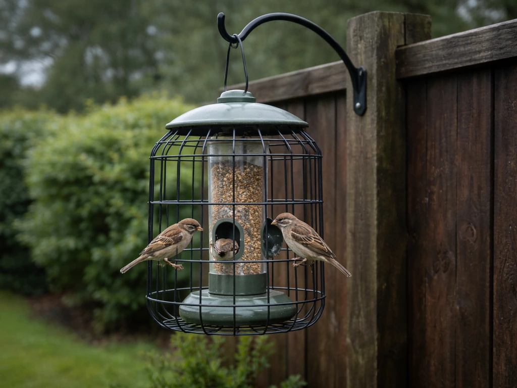 A squirrel-resistant hanging bird feeder in a UK garden with small songbirds feeding