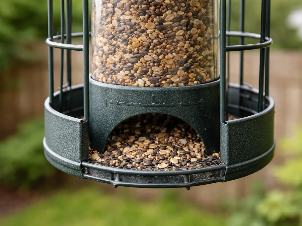 Close-up of a hanging seed feeder reservoir showing an ideal 1–2 litre seed level range.
