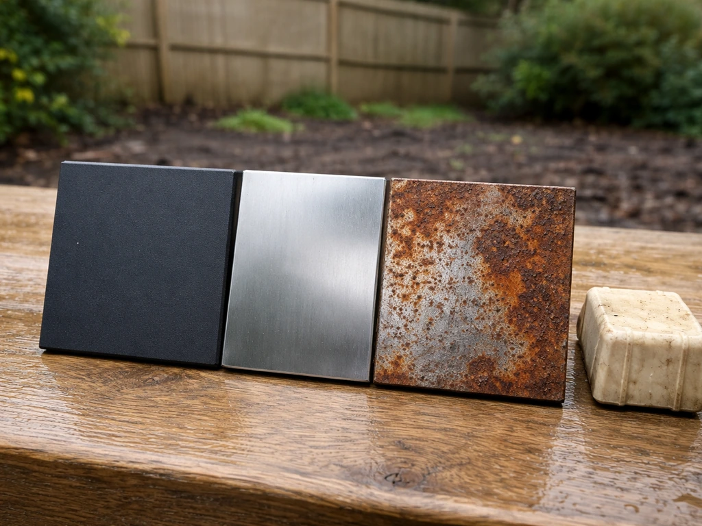 Outdoor material samples: powder-coated metal, stainless steel, rusted untreated metal, and cracked yellowed plastic.