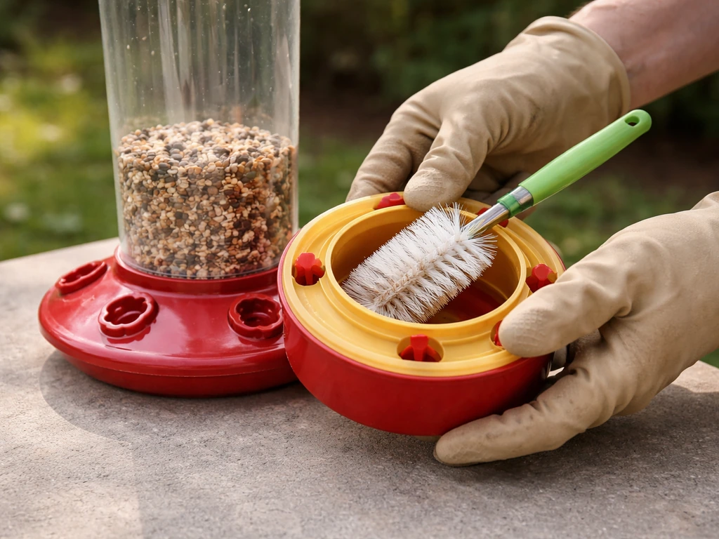 Close-up of an easy-to-clean bird feeder base unscrewed, showing access for a bottle brush