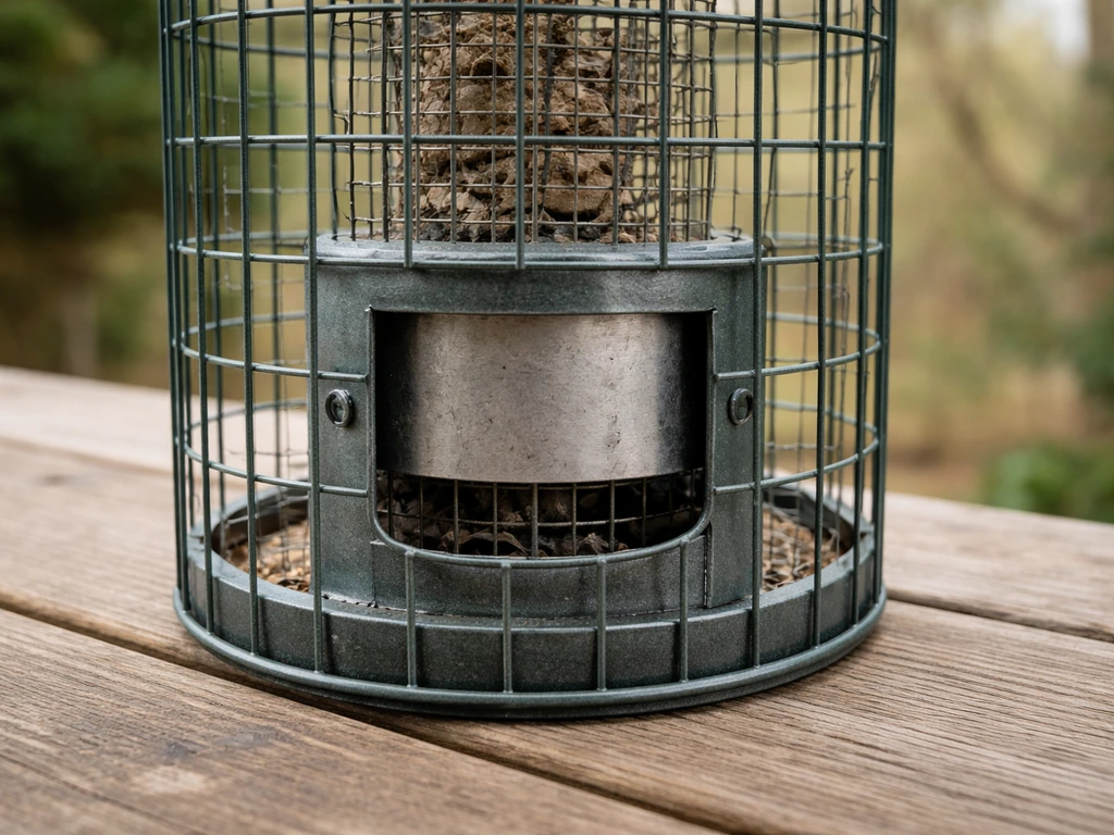 Close-up of a bird feeder with a wire mesh shroud dropped over ports after a heavy object pressed it.