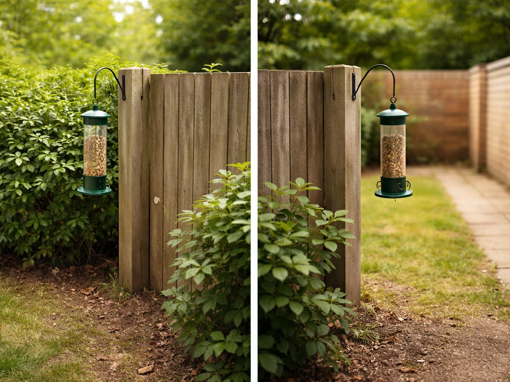Garden bird feeder hanging near a leafy shrub with clear space from a fence and wall edge.