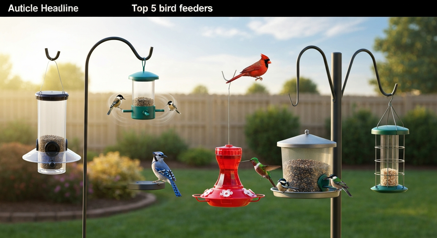 Backyard feeding station showing five top bird feeders with songbirds and a hummingbird feeding; a squirrel tests a spinning perch.