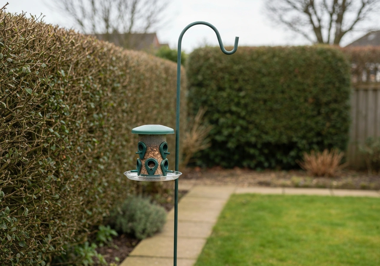 Small-port bird feeder station with squirrel baffle in a quiet UK garden, showing access for tiny birds.