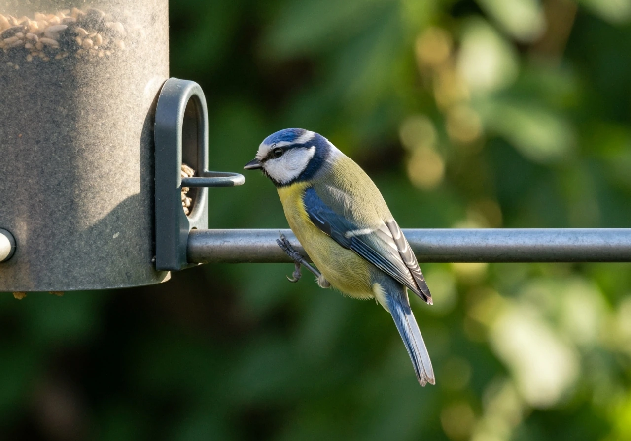 A blue tit perched at a narrow garden feeder, eating seeds in soft natural light.