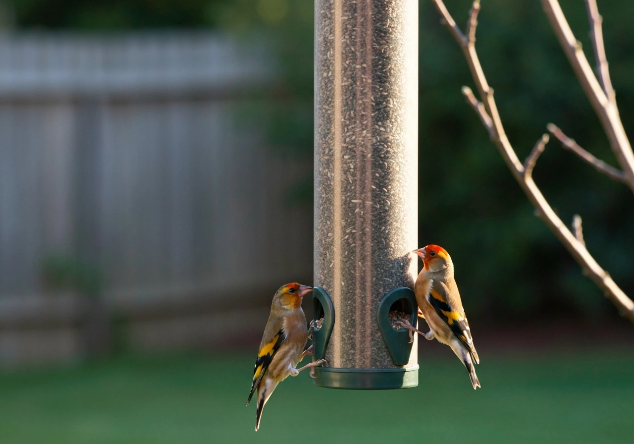 Small finch feeding from a nyjer (niger) seed feeder, showing tiny slit ports
