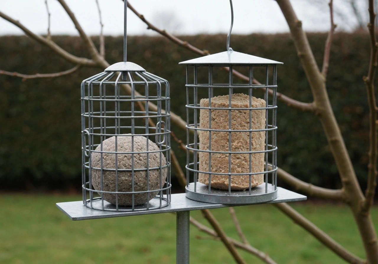 Caged fat ball and suet feeders on a garden stand, showing protective wire bars and small access gaps.