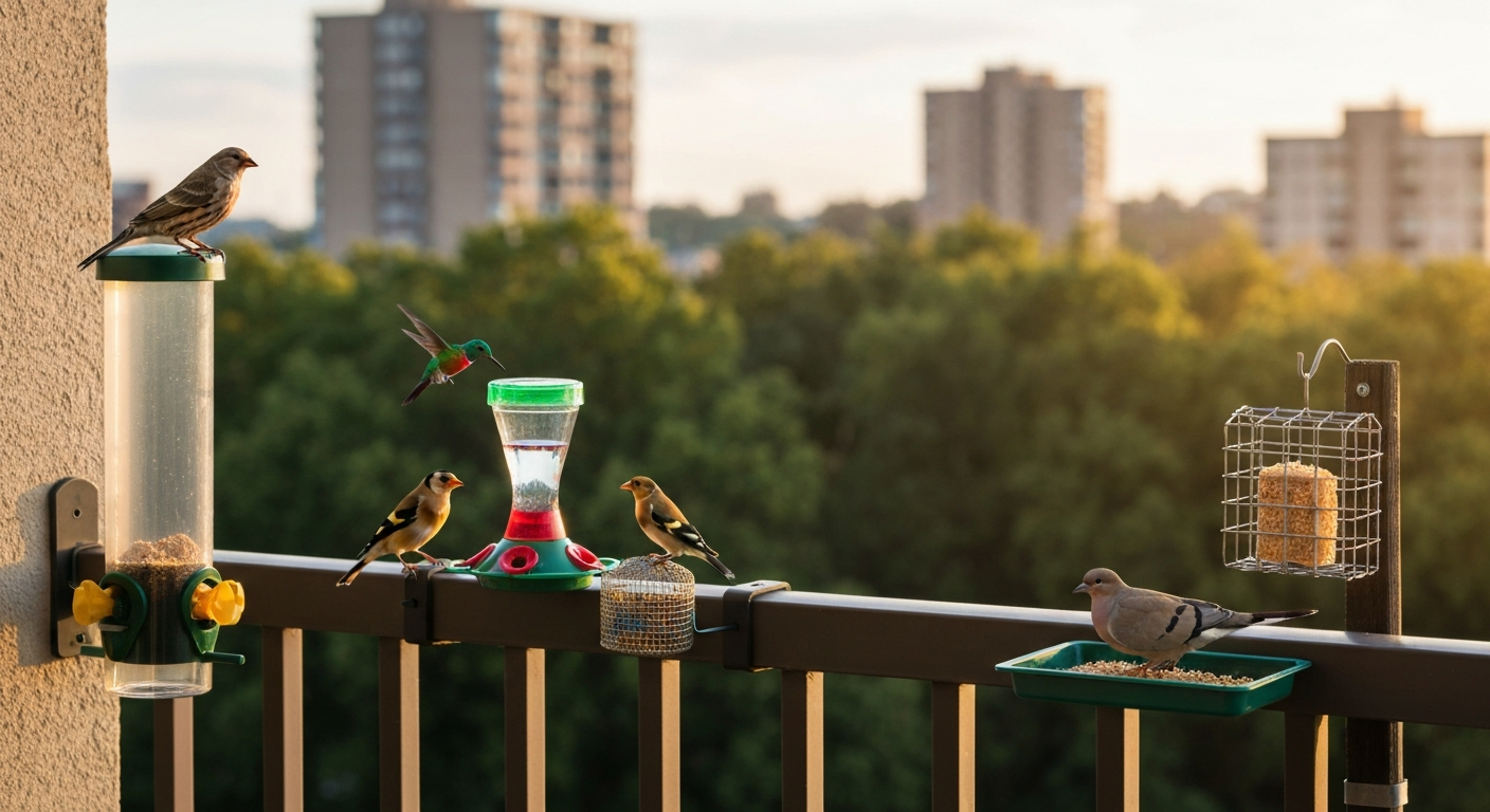 Urban balcony and small backyard showing multiple bird feeders (tube, hummingbird feeder, nyjer sock, platform, suet) with common city birds in morning light.