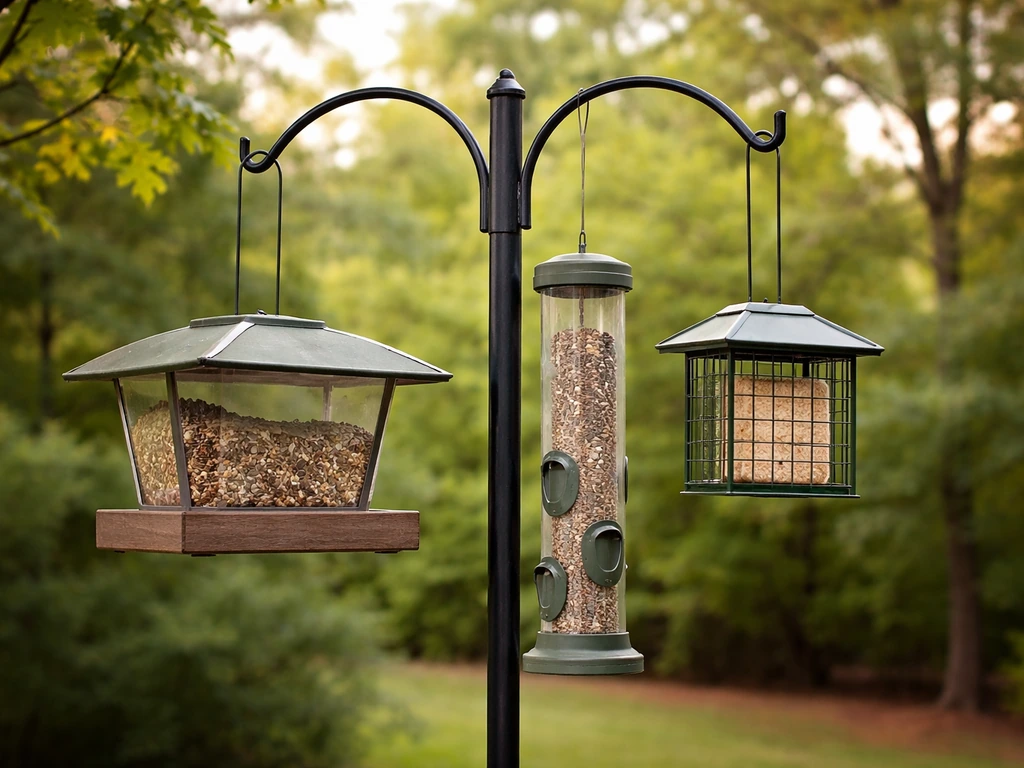 Weatherproof hopper, tube, and suet cage bird feeders on a pole in a Georgia backyard with trees