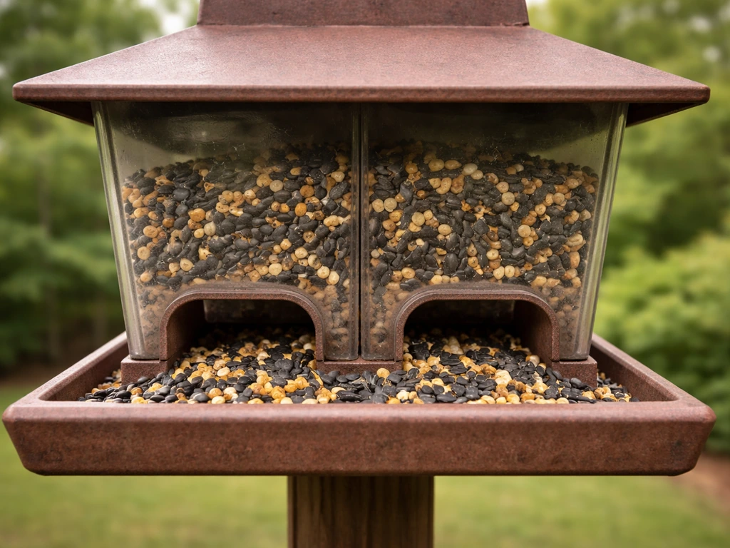 Close-up of a hopper bird feeder with wide ports filled with seeds, suited for cardinals in Georgia