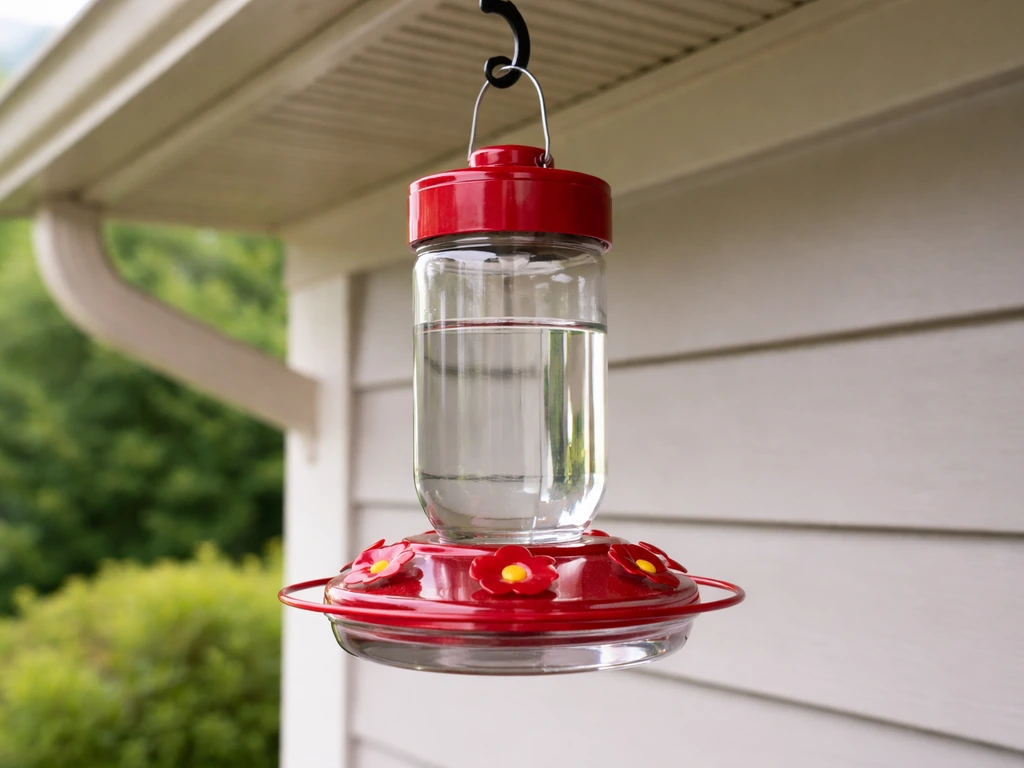 Glass hummingbird feeder hanging under eaves with nectar reservoir, ready for easy cleaning