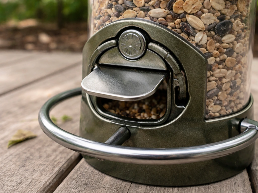 Close-up of a weight-activated feeder port with a perch ring and hinged closure blocking access