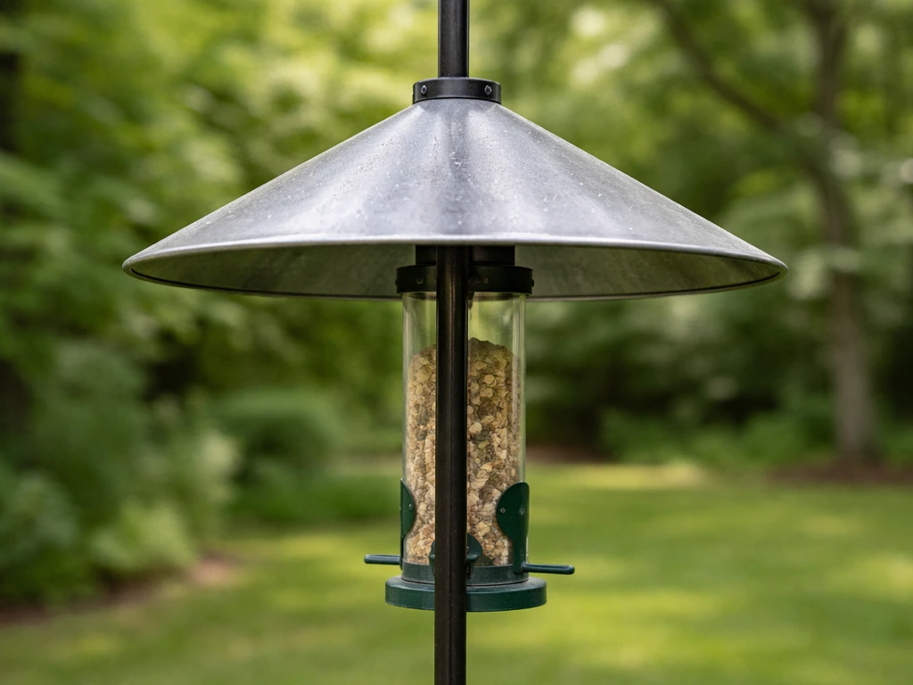 A metal cylindrical baffle mounted on a bird feeder pole, blocking access above the feeder.