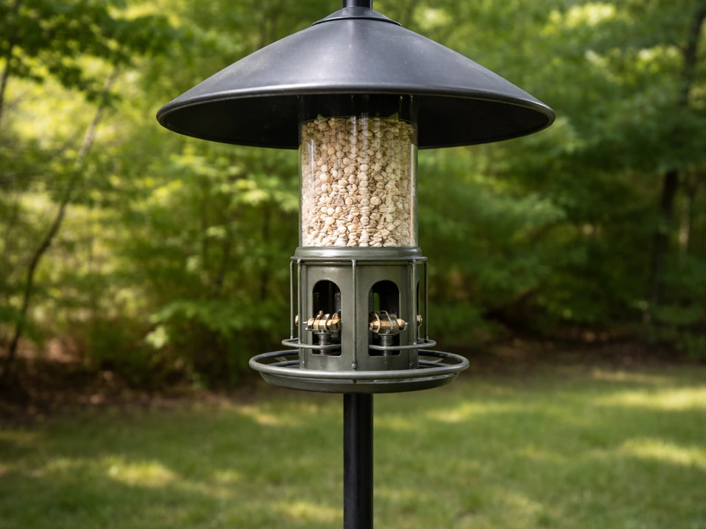 Safflower bird feeder on a pole showing guarded feeding port and metal baffle to deter squirrels and predators.