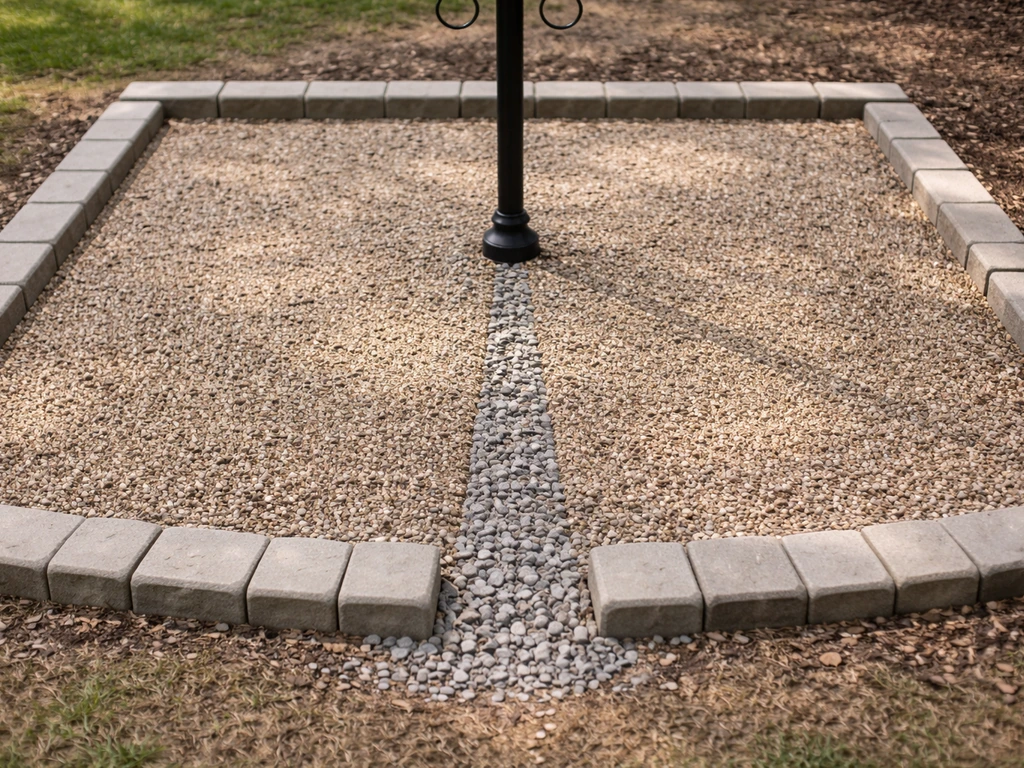 Clean pea gravel ground cover under a bird feeder with tidy drainage and no grass intrusion