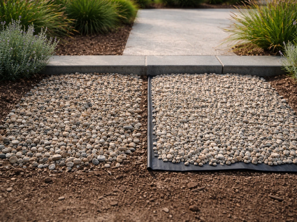Two adjacent garden sections showing pea gravel versus landscape fabric with gravel on top.