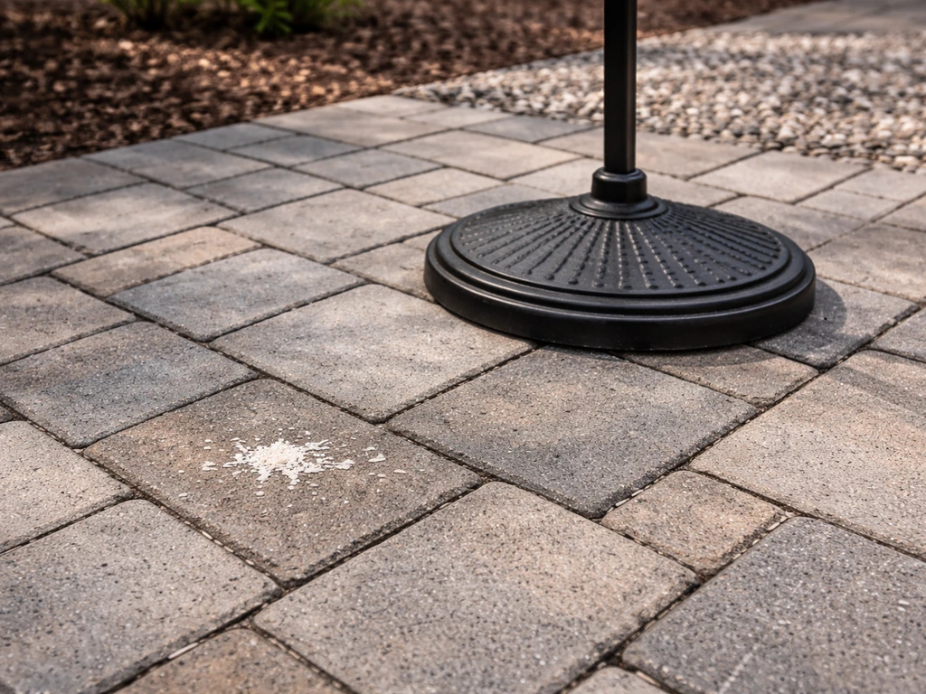 Paved patio of stone pavers under a bird feeder, with a cleanable sweep-ready look and subtle droppings contrast.