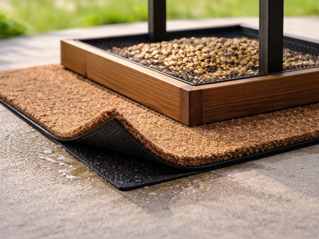 Pre-cut rubber/coir mat under a platform bird feeder on patio stone, slightly lifted for easy rinsing.