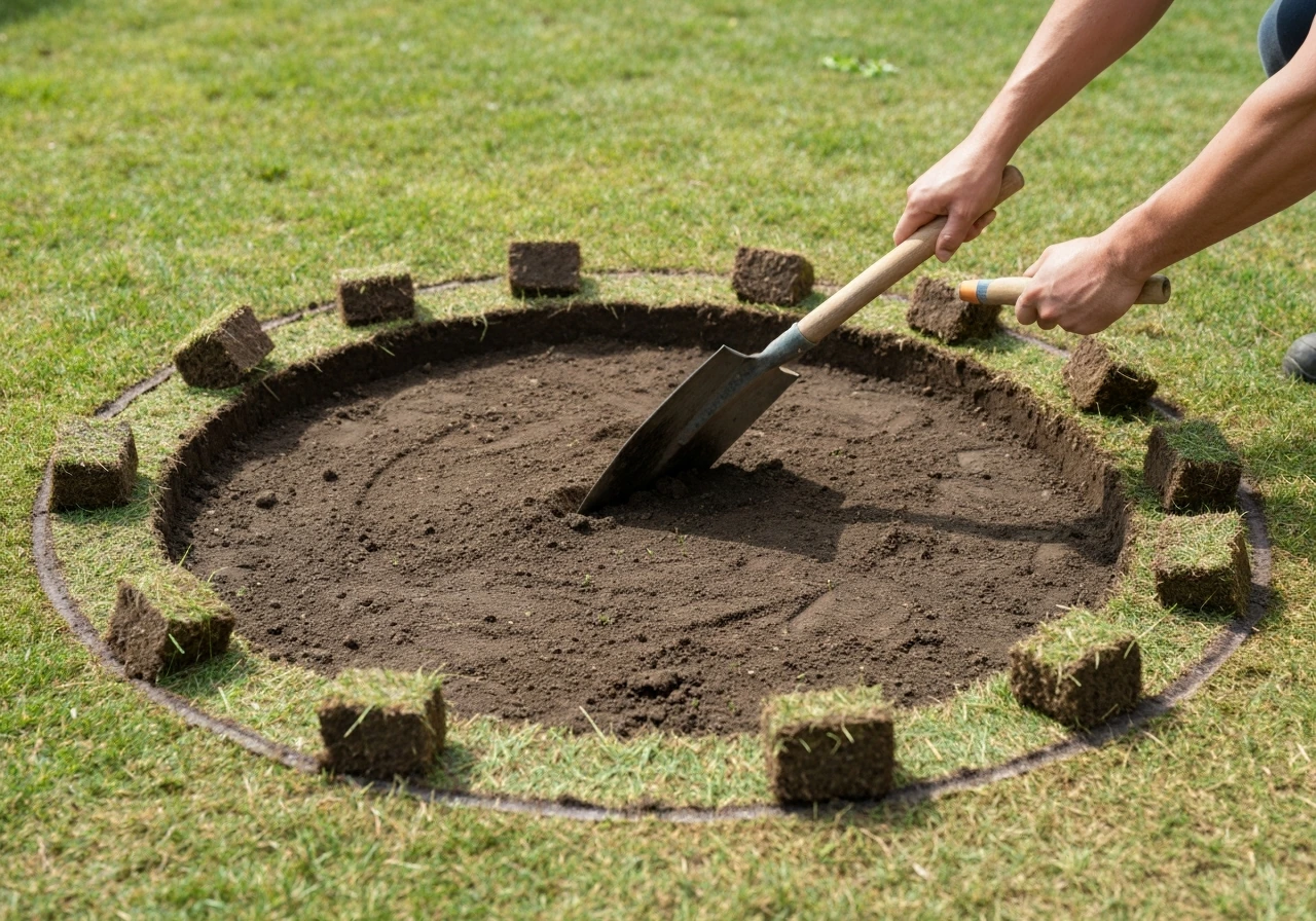 Anonymous hands using a flat spade to dig and clear a circular area for a gravel pad, with grass removed.