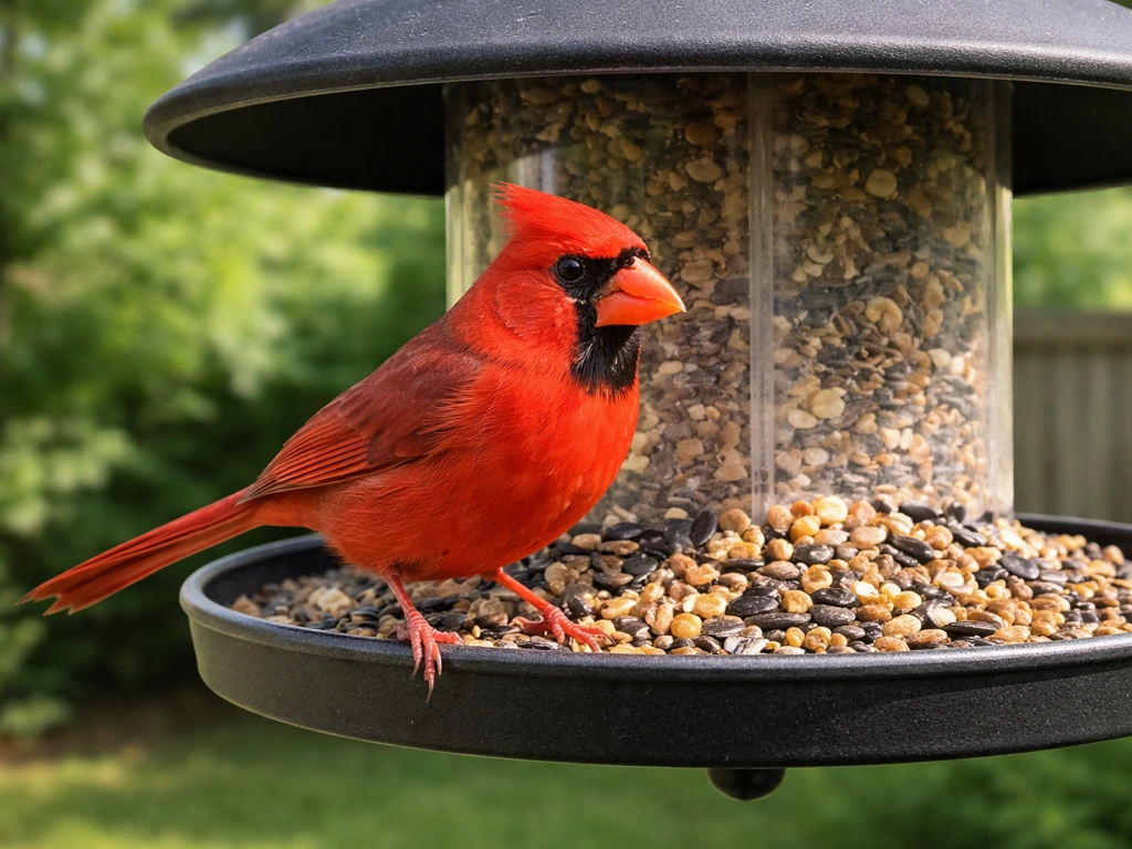 A vivid red Northern Cardinal perched at a bird feeder with red seed in a backyard garden.