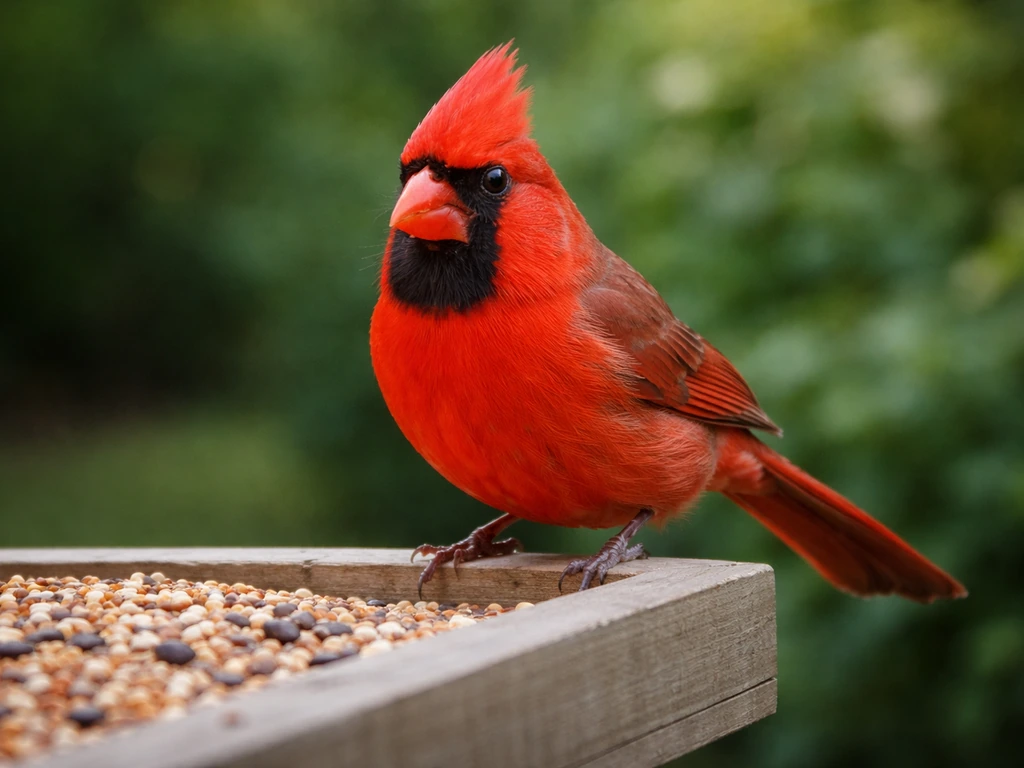 Male Northern Cardinal perched on a ledge platform bird feeder in a backyard