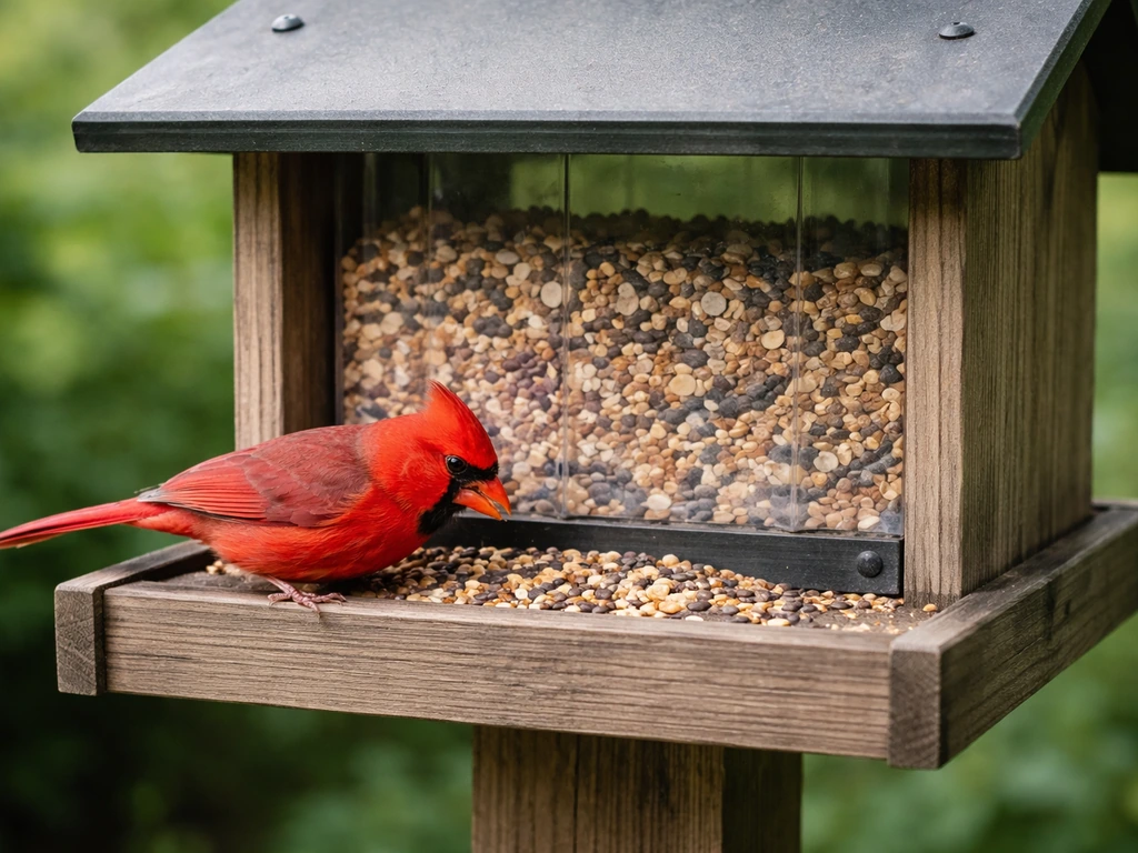 Hopper feeder with wide feeding ledge, a cardinal perched and feeding among scattered seeds