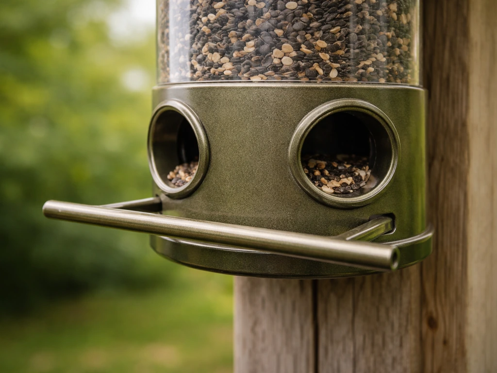 Close-up of a large-port tube bird feeder with longer perch and bigger feeding ports for cardinals.