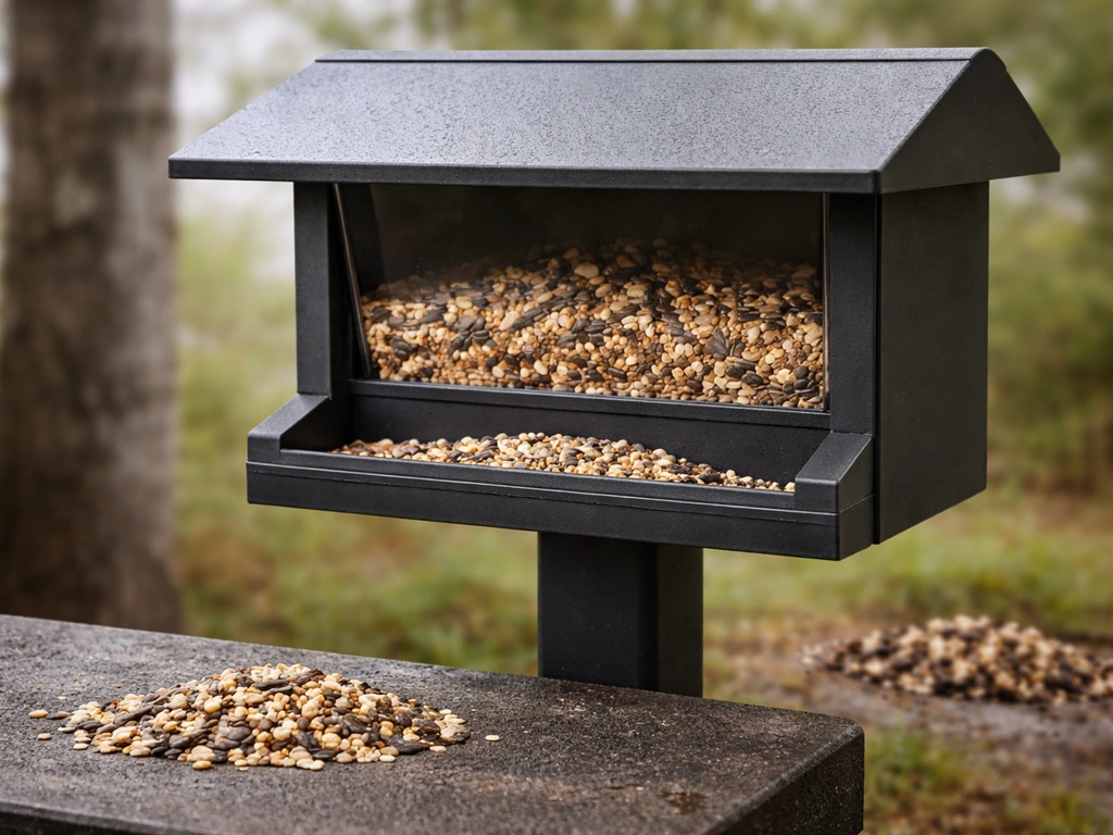 Roofed hopper bird feeder with fresh dry seed nearby, contrasting with a cleaner, dry setup