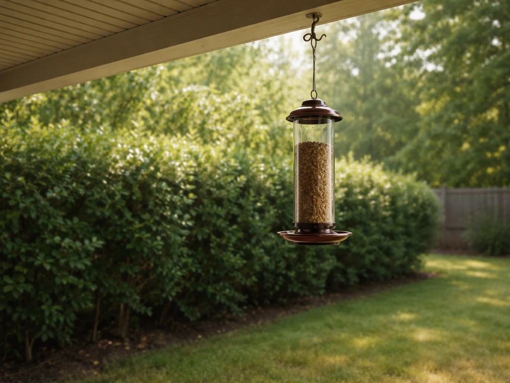 Bird feeder hanging near dense shrubs in a quiet yard, showing how to attract cardinals and deter bully birds.