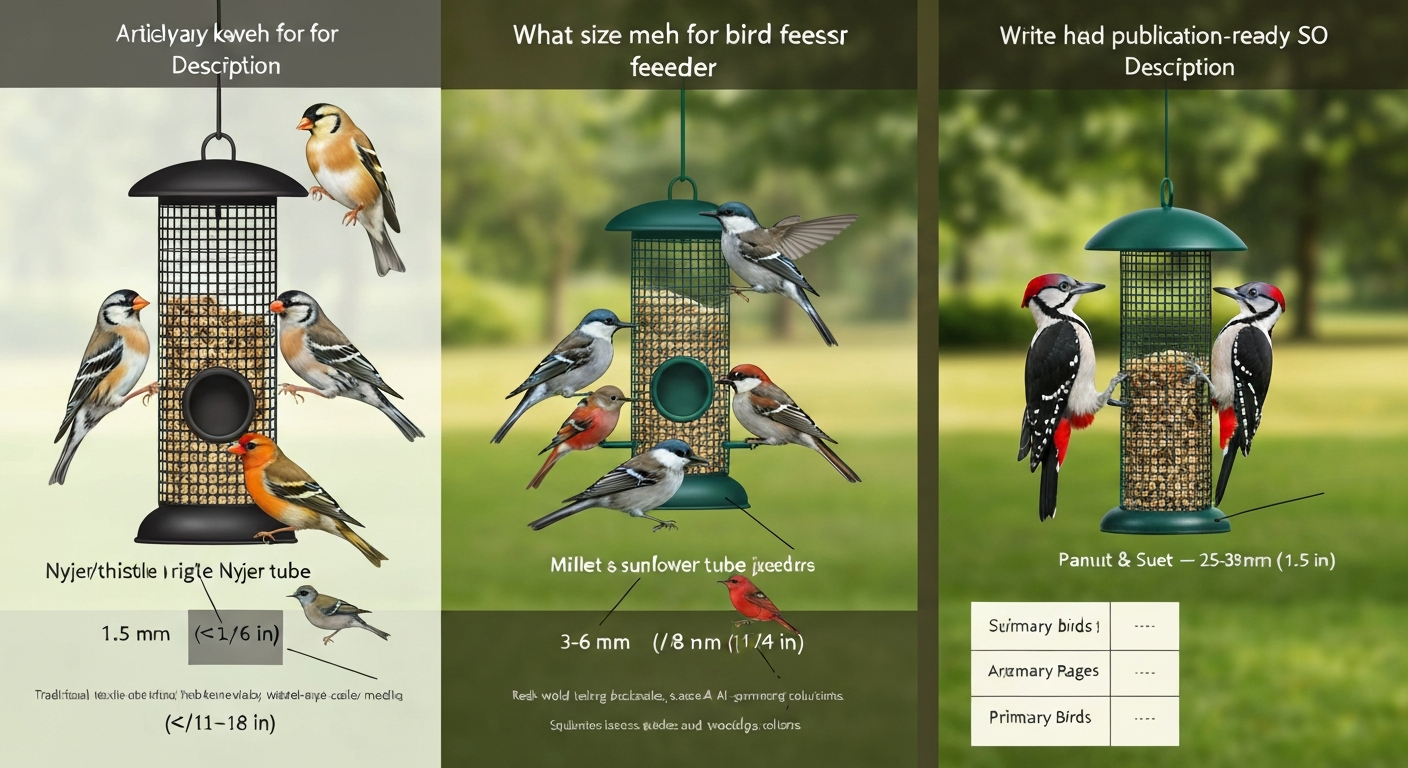 Infographic showing three feeder types with labeled mesh/aperture ranges and example birds (goldfinch, junco, woodpecker) and a ruler showing mm↔inch conversion.
