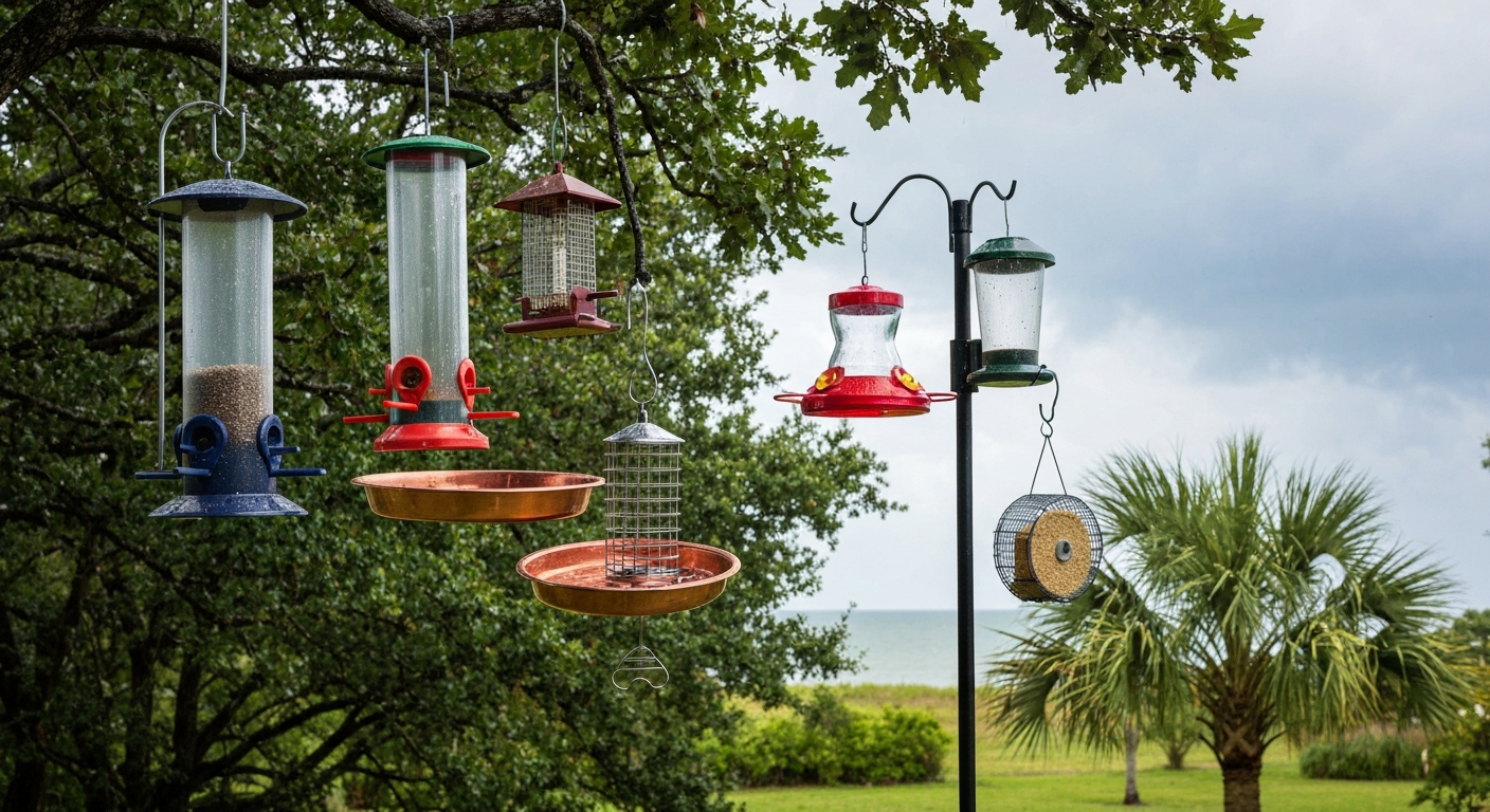 Houston backyard with multiple durable bird feeders—tube, hopper, platform, hummingbird, suet, thistle sock, and a solar smart feeder—set among live oak and palm with humid coastal sky.