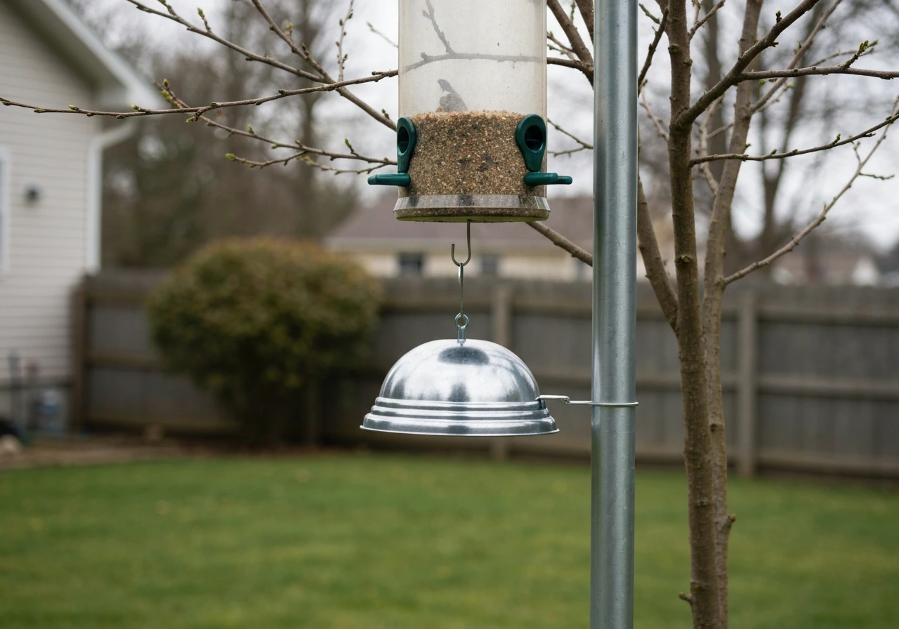 Large pole-mounted bird feeder with a properly placed squirrel baffle and clear gap from branches.